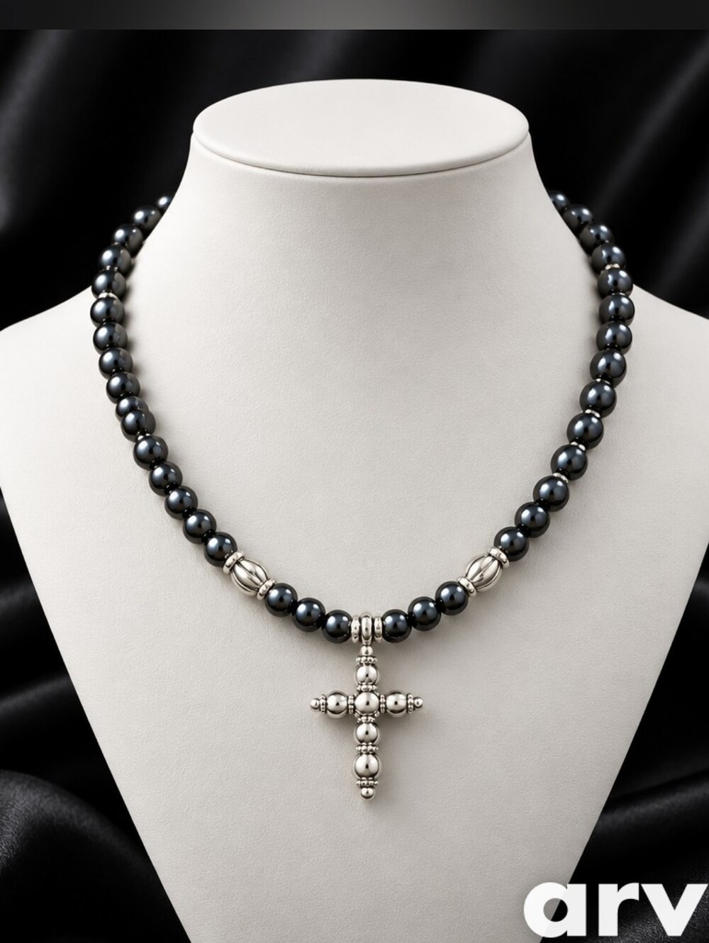 Black Pearl Bead Necklace With Cross with Silver Cross Pendant